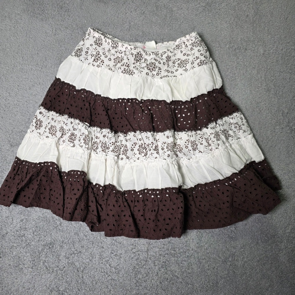 Joe Benbasset Womens Small Tiered Midi Skirt Brown White Floral Eyelet Boho 6093
